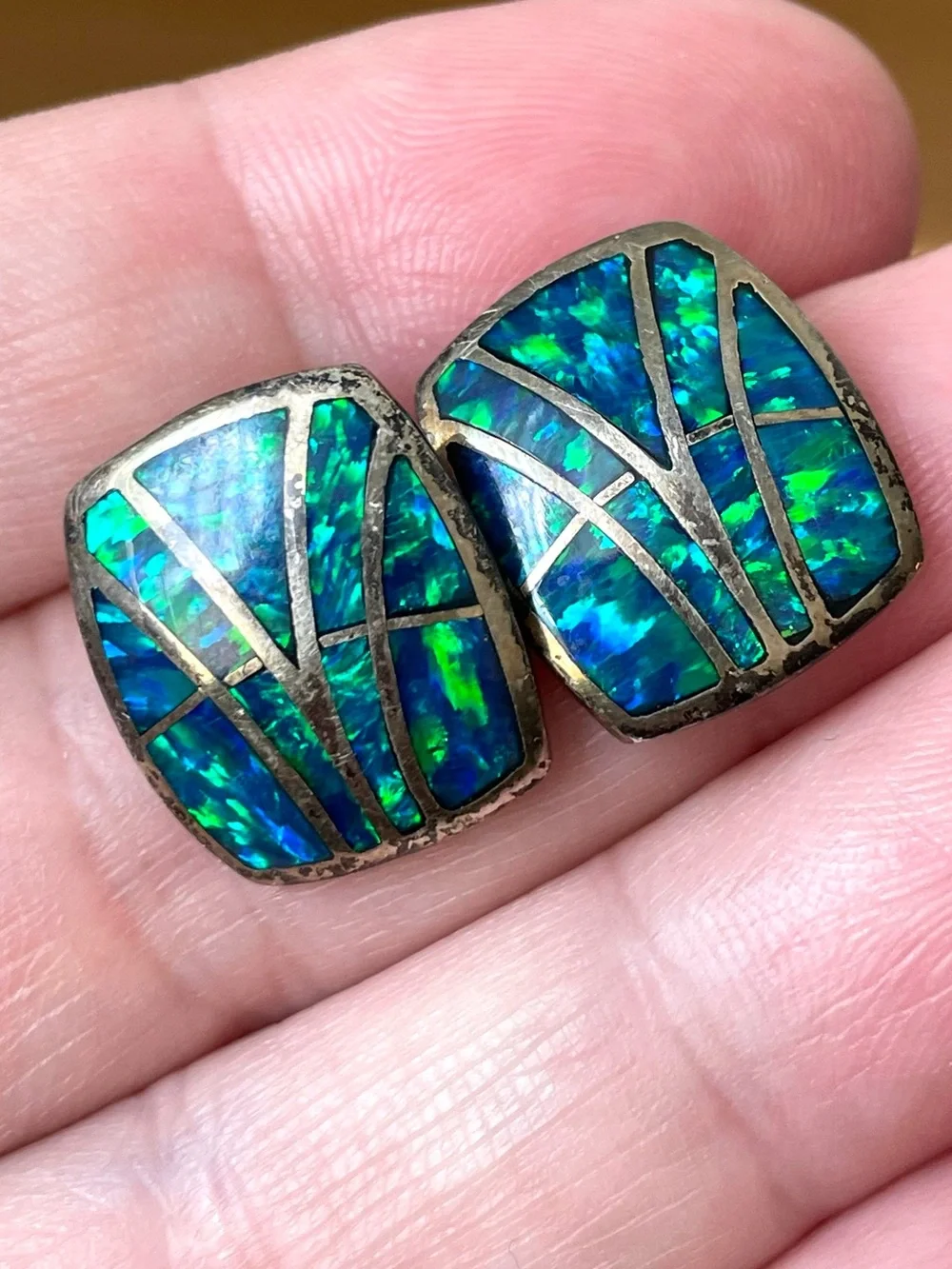 Vintage stamped sterling silver & blue green opal (?) inlay earrings